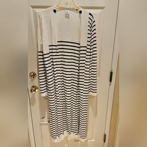 CAbi Navy and White Long Cardigan